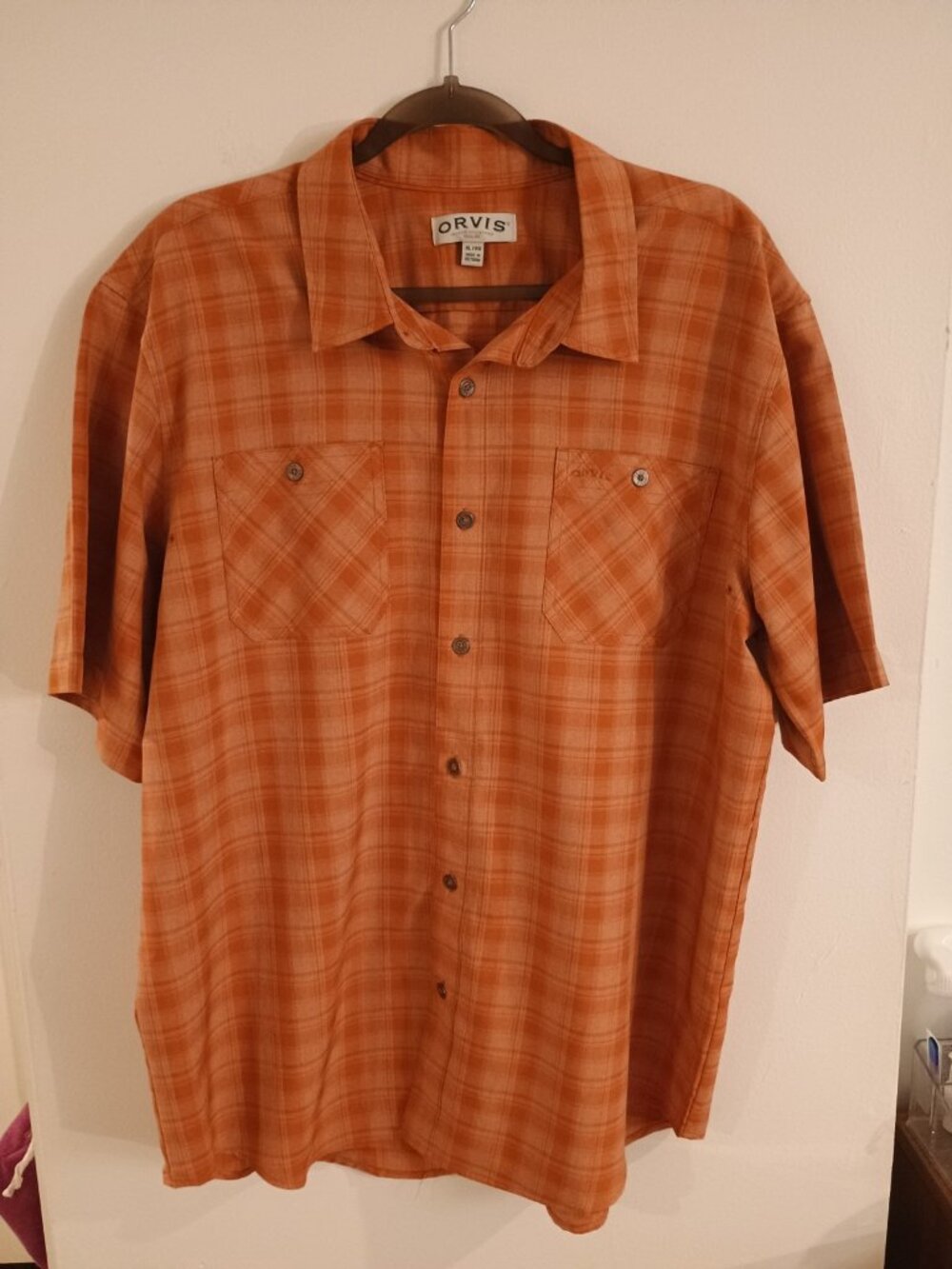 Orvis Short Sleeve Tech Shirt Orange Plaid Quick Dry UPF 30+ Men's XL